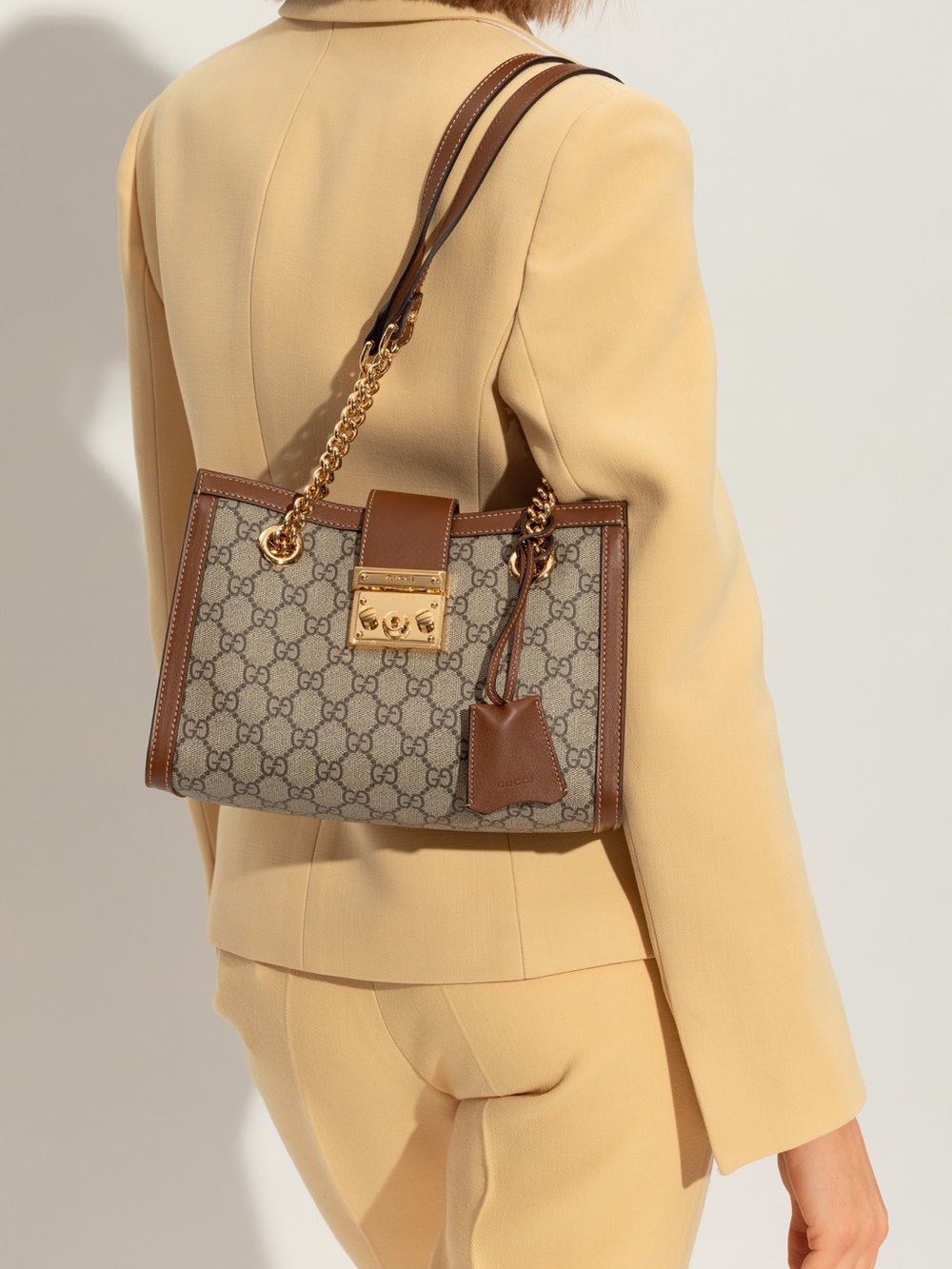 Gucci Brown GG Supreme Leather-Trim Shoulder Bag with Gold Hardware